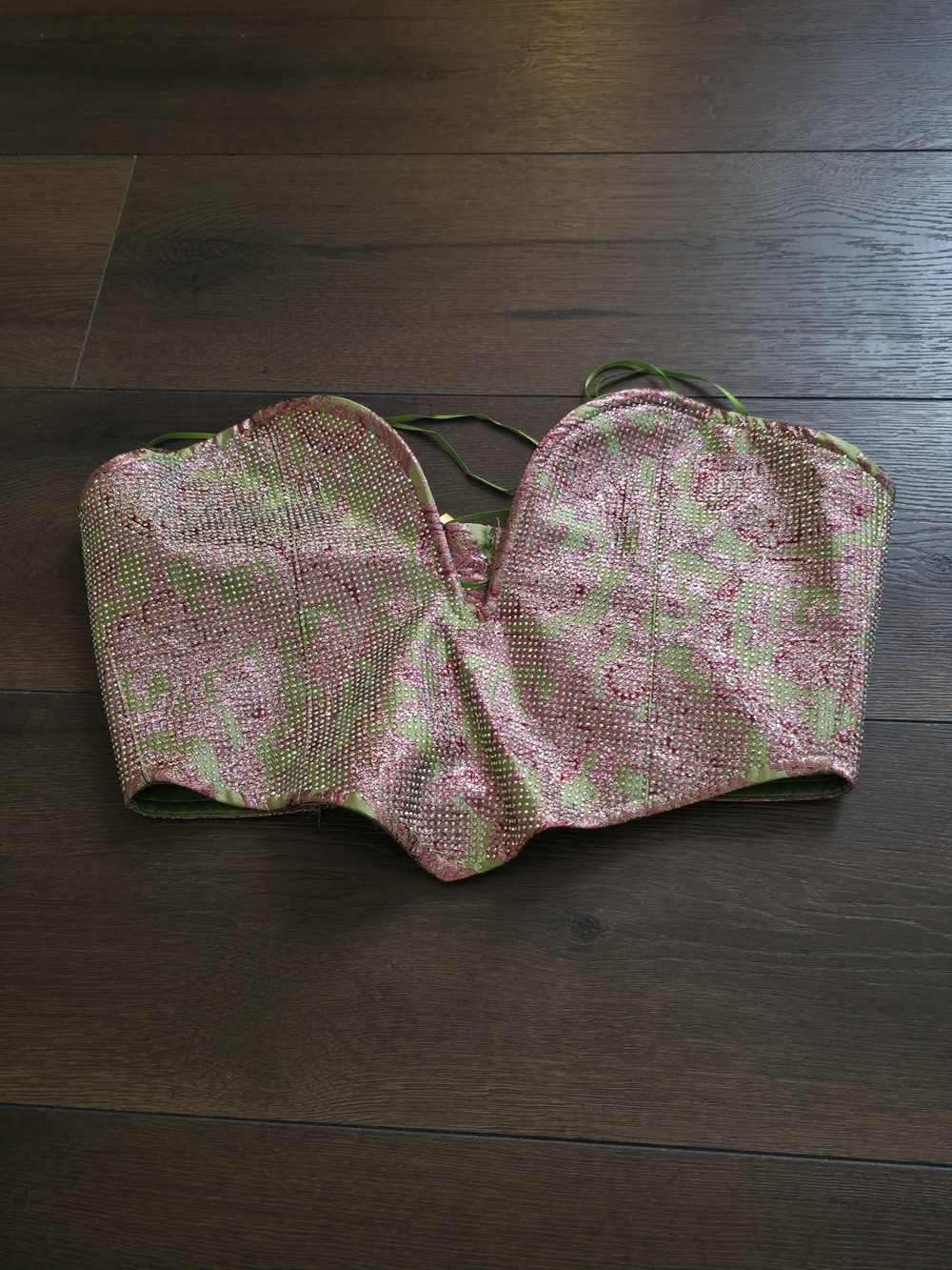 Akria Strapless Beaded Bustier Top in Pink & Green
